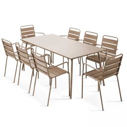 Table de jardin et 8 fauteuils en métal taupe