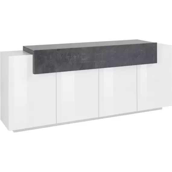 Buffet 5 portes effet bois en blanc brillant et gris cendre