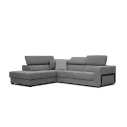 Canapé d’angle gauche 5 places en tissu gris avec coussins déco
