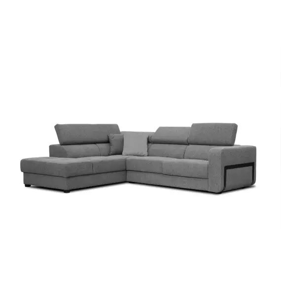 Canapé d’angle gauche 5 places en tissu gris avec coussins déco