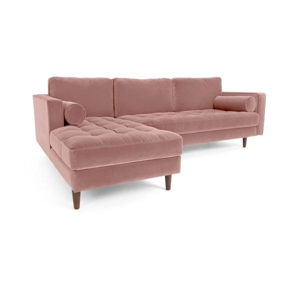 Scott, canapé d’angle 4 places avec méridienne à gauche (vue de face), velours de coton rose blush