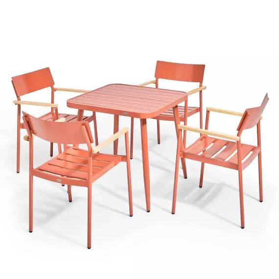 Ensemble table de jardin et 4 fauteuil en aluminium/bois terracotta