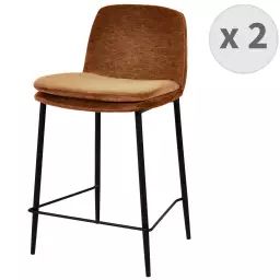 Chaise de bar tissu chenillé Terracota et métal noir mat (x2)