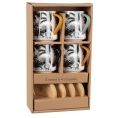 image de mugs, bols & tasses scandinave Coffret tasses (x4) en faïence blanche motifs palmiers noirs et soucoupes en bambou
