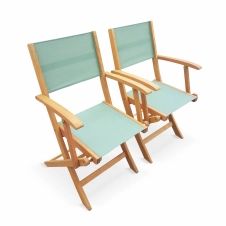 Lot de 2 fauteuils de jardin en bois et textilène vert de gris
