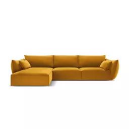 Canapé d’angle gauche 4 places en tissu velours jaune