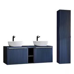 Ensemble meuble double vasque 140cm et colonne stratifiés bleu