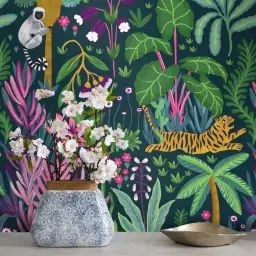 Papier Peint Jungle Tropicale avec des Singes et des Tigres 250×200 cm