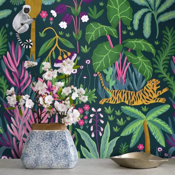 Papier Peint Jungle Tropicale avec des Singes et des Tigres 250×200 cm