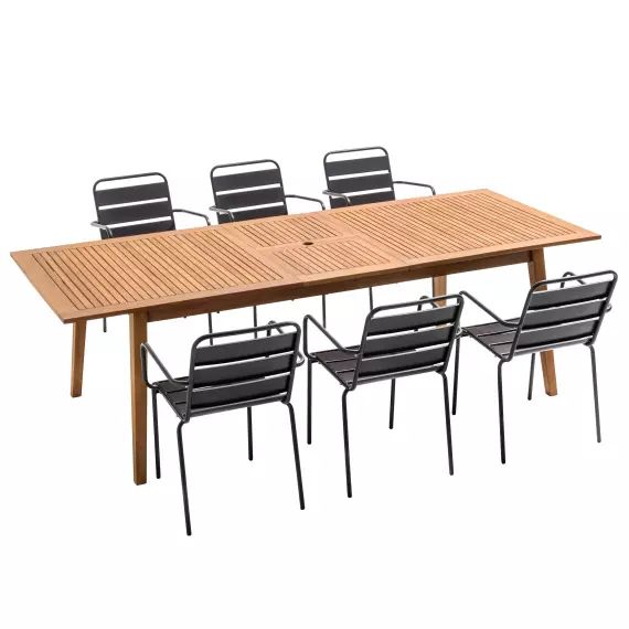 Ensemble table de jardin extensible en bois exotique et 6 fauteuils