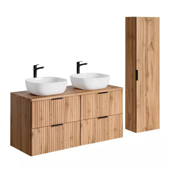 Ensemble meuble double vasque 120cm et colonne naturel