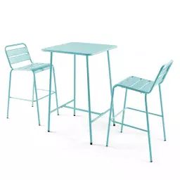 Ensemble table de bar et 2 chaises hautes en métal turquoise