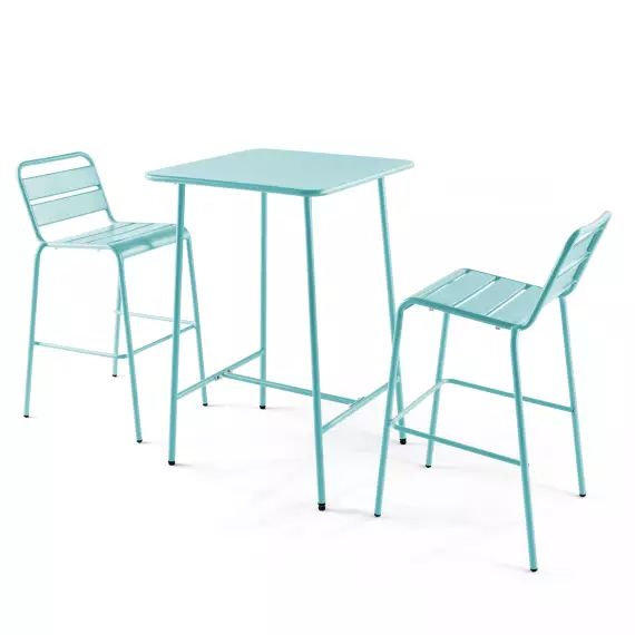 Ensemble table de bar et 2 chaises hautes en métal turquoise