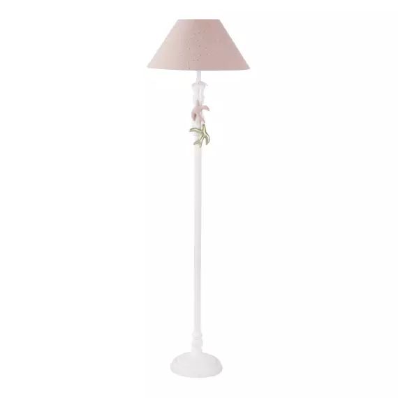 Lampadaire blanc avec oiseaux et abat-jour rose H158