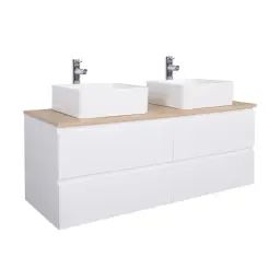 Meuble double vasque 120cm avec plan bois  Blanc + vasque