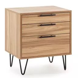 Table de chevet 3 tiroirs couleur bois, pieds métal