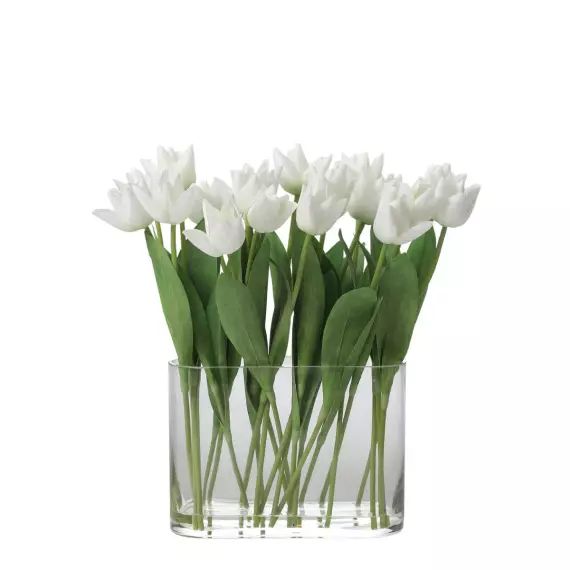 Composition de 20 tulipes avec vase en verre