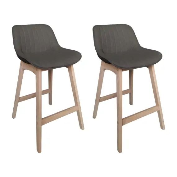 Tabourets de bar 65cm en chêne et assise tissu gris foncé  – Lot de 2