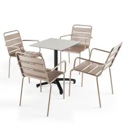 Ensemble table de jardin stratifié terrazzo et 4 fauteuils taupe