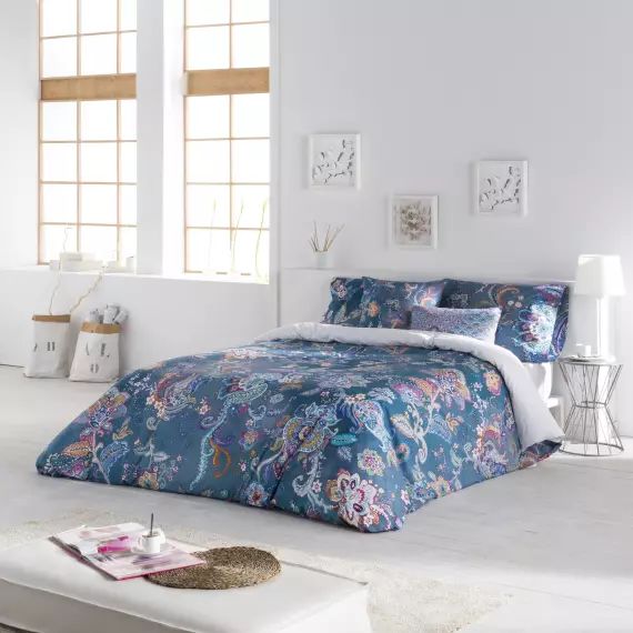 Housse de couette imprimé en percale Coton Bleu 220×220 cm