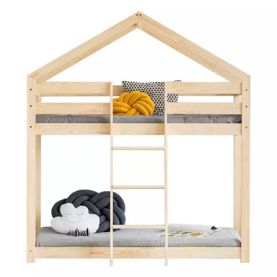 Lit cabane superposé 90×200 sommier inclus naturel