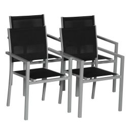 Lot de 4 chaises en aluminium gris et textilène noir
