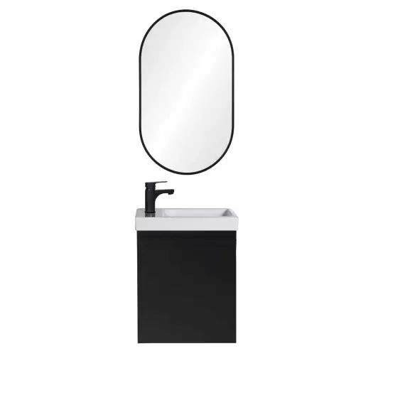 Meuble lave-mains  noir + robinet noir + miroir ovale