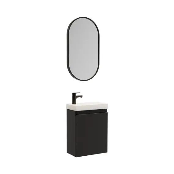Meuble lave-mains  noir + robinet noir + miroir ovale
