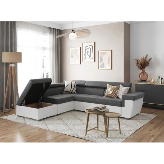 Canapé d&rsquo;angle INAYA convertible avec coffre en simili – Angle Gauche, Blanc et Gris – 260 x 220 x 76 et 91 cm – Usinestreet