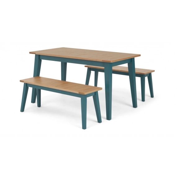 Ralph, ensemble table 4 personnes et 2 bancs compact, chêne et fini bleu canard