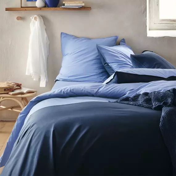 Parure de lit en percale de coton bleu 200×200