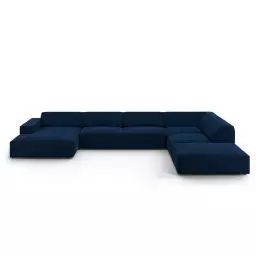 Canapé d’angle droit panoramique 7 places en tissu velours bleu roi