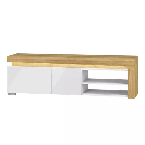 Meuble TV 1 porte 1 tiroir 159 cm panneaux stratifiés blanc et naturel