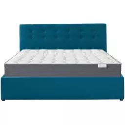 Pack lit coffre 160×200 + matelas + tête de lit – tissu bleu canard