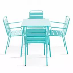 Ensemble table de jardin carrée et 4 fauteuils acier turquoise