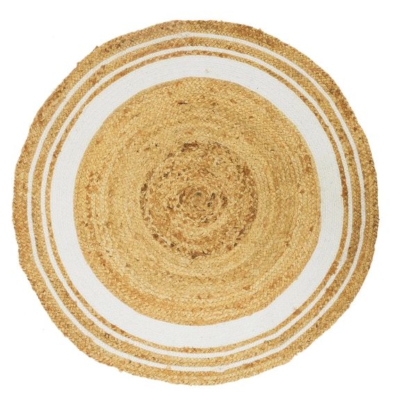 Tapis rond en jute et coton imprimé blanc d. 90 cm