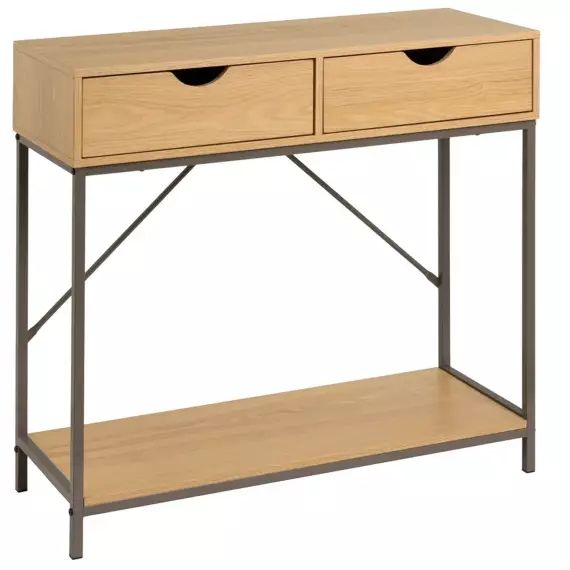 Console d&rsquo;entrée couleur bois naturel et métal gris 2 Tiroirs 80x30x75