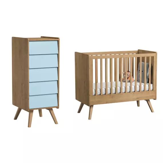 Chambre bébé : Duo – Lit bébé 60×120 chiffonnier naturel bleu