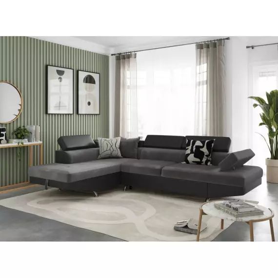 Canapé d’angle RIO Convertible avec coffre en microfibre et simili – Angle Gauche, Gris et Noir – 271 x 192 x 85 cm – Usinestreet