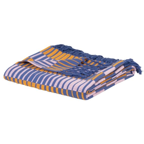 Plaid en coton biologique à franges motifs graphiques tissés bleus, rose lilas et jaunes 130×170