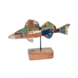 Statue déco à poser poisson multicolore en bois recyclé L51cm