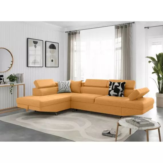 Canapé d’angle RIO Convertible avec coffre en tissu – Angle Gauche, Jaune ocre – 271 x 192 x 85 cm – Usinestreet