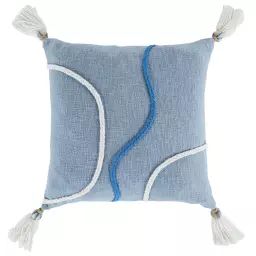 Coussin en coton imprimé bleu et blanc à franges 45×45