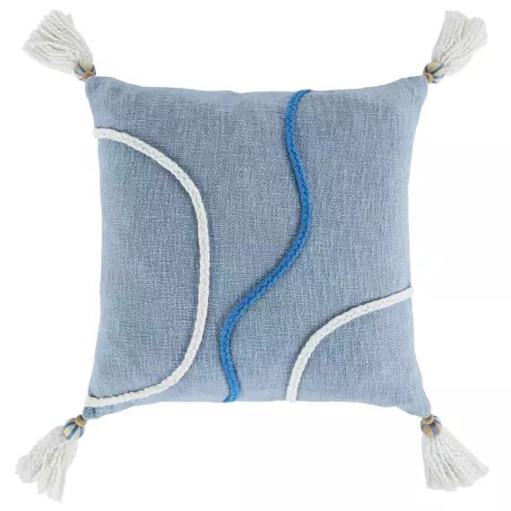 Coussin en coton imprimé bleu et blanc à franges 45×45