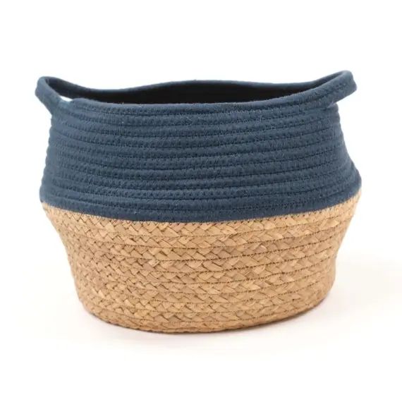 Panier rond tressé en coton bleu 27×23