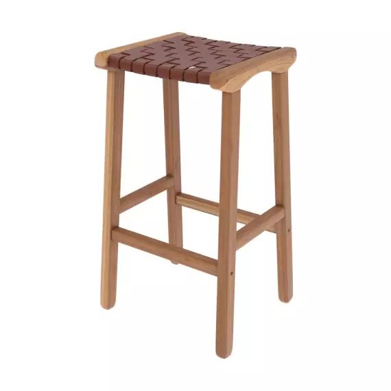 Tabouret de bar mi-hauteur en teck et cuir tressé marron 66 cm