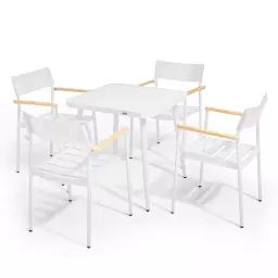 Ensemble table de jardin et 4 fauteuil en aluminium/bois blanc
