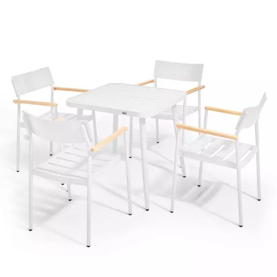 Ensemble table de jardin et 4 fauteuil en aluminium/bois blanc