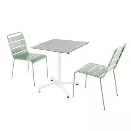 Ensemble table de jardin stratifié béton gris et 2 chaises vert sauge