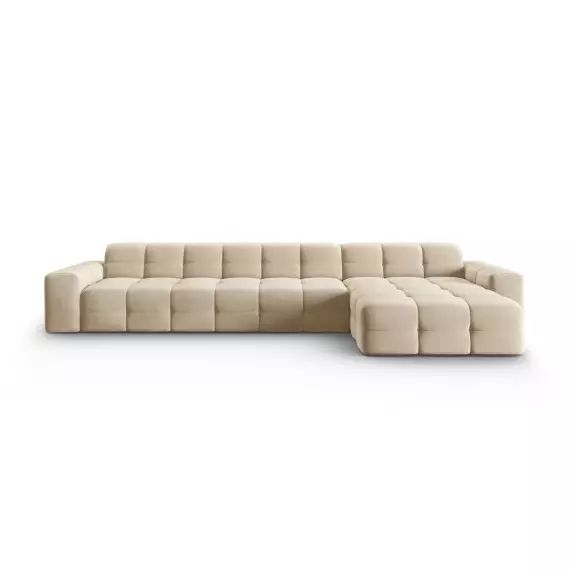 Canapé d’angle droit 5 places en tissu velours beige clair